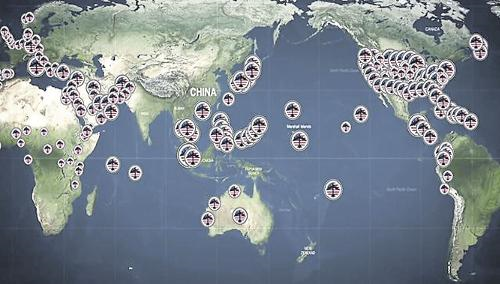 지도: 미국의 중국 군사포위 [출처: peacenews.info]