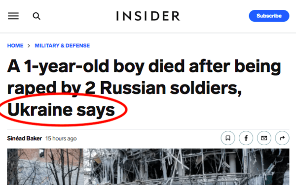 러시아 군인 2명이 1살된 남자아이를 강간하고 죽였다는 우크라이나의 '선한' 선전 기사.